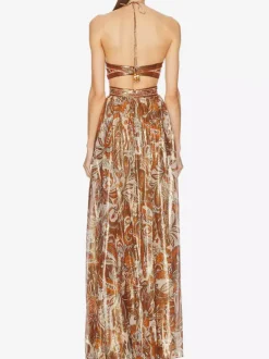 Robe de vacances maxi fluide à imprimé cachemire dos nu et bustier taille découpée style jacquard.