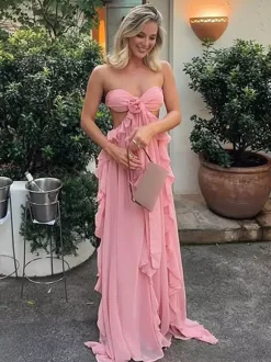 Robe de vacances maxi rose chic à lacets sans manches et épaules dénudées