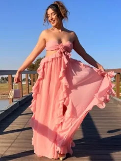 Robe de vacances maxi rose chic à lacets sans manches et épaules dénudées