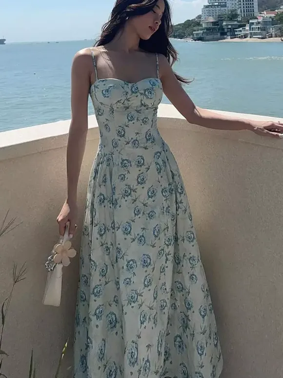 Robe de vacances maxi sans manches à imprimé floral bretelles col chic verte