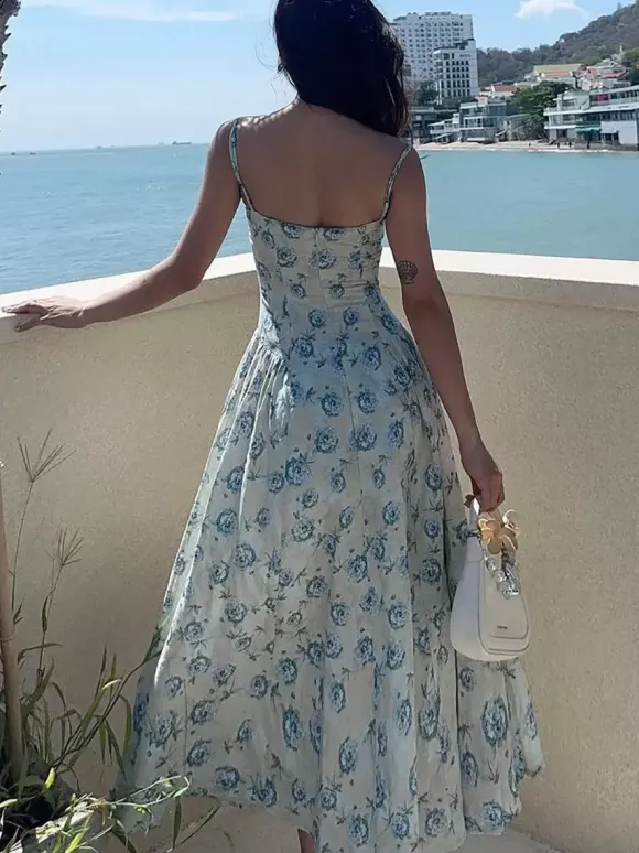 Robe de vacances maxi sans manches à imprimé floral bretelles col chic verte