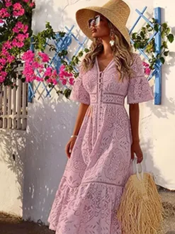 Robe de vacances maxi sculptante en dentelle manches mi-longues col en V manches évasées élégante robe rose