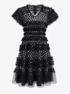 Robe de vacances midi plissée à manches courtes et col en V robe noire chic
