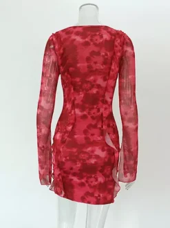 Robe de vacances mini asymétrique à manches longues et décolleté en V géométrique sexy rose