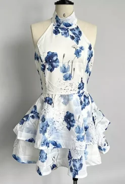 Robe de vacances mini dos nu à fleurs et volants sans manches imprimé floral col halter élégante robe rose