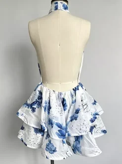 Robe de vacances mini dos nu à fleurs et volants sans manches imprimé floral col halter élégante robe rose