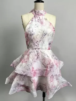 Robe de vacances mini dos nu à fleurs et volants sans manches imprimé floral col halter élégante robe rose