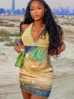 Robe de vacances mini en crochet sans manches dos nu sexy jaune