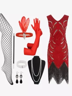 Robe Des Années 1920 Costumes Rétro Femmes Paillettes Ensemble Vintage Déguisement Bourgogne