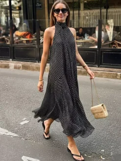 Robe d'été maxi noire à pois sans manches dos nu et col halter pour femme Daily Dresses