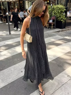 Robe d'été maxi noire à pois sans manches dos nu et col halter pour femme Daily Dresses
