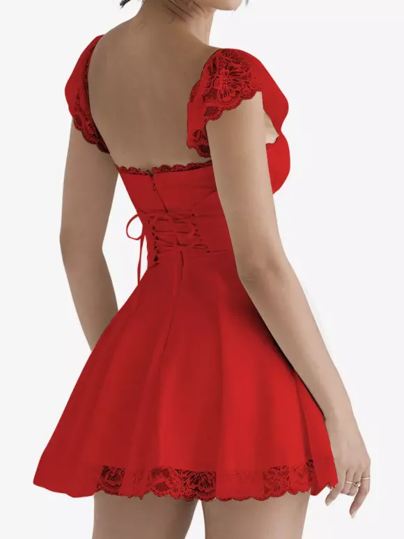Robe d'été noire décontractée mini-robe en dentelle sans manches à bretelles col montant style mini.