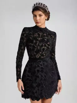 Robe en dentelle à col haut et manches longues pour fête d'anniversaire mini robe de printemps pour femmes 2026