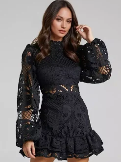 Robe en dentelle à manches bouffantes pour fête d'anniversaire mini robe trapèze pour femme 2026