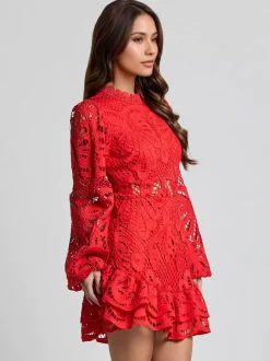 Robe en dentelle à manches bouffantes pour fête d'anniversaire mini robe trapèze pour femme 2026