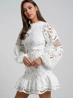 Robe en dentelle à manches bouffantes pour fête d'anniversaire mini robe trapèze pour femme 2026