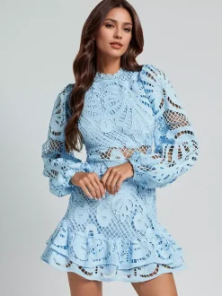 Robe en dentelle à manches bouffantes pour fête d'anniversaire mini robe trapèze pour femme 2026