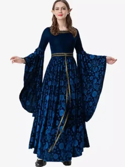 Robe En Jacquard Rétro Bleu Foncé Costume Sorcière Élégant Déguisement Vintage