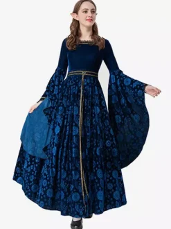 Robe En Jacquard Rétro Bleu Foncé Costume Sorcière Élégant Déguisement Vintage