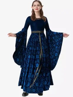 Robe En Jacquard Rétro Bleu Foncé Costume Sorcière Élégant Déguisement Vintage
