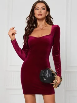 Robe en velours col en c艙ur manches longues sexy mini robes moulantes