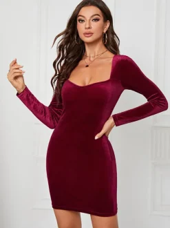 Robe en velours col en c艙ur manches longues sexy mini robes moulantes