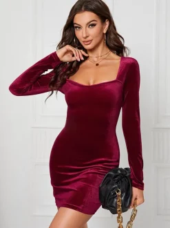 Robe en velours col en c艙ur manches longues sexy mini robes moulantes