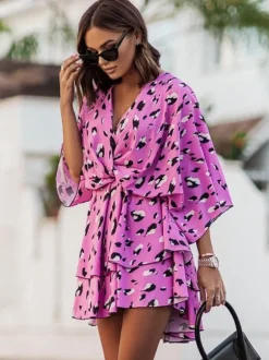 Robe Eté Courte Imprimé Femme avec Manches Courtes à Col V Coupe Cintrée