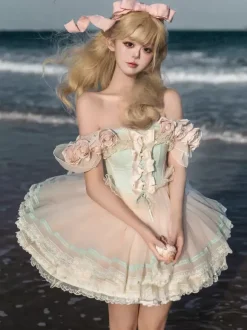 Robe Fairy Lolita rose à fleurs de rose robe courte en tulle à volants et style Sweet Lolita