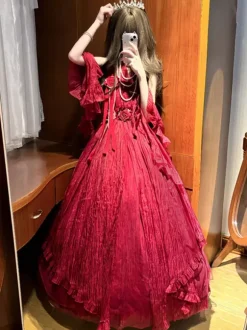 Robe Fairy Lolita rouge foncé à bretelles dos nu robe de bal Lolita pour tea party