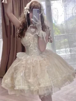 Robe Femme JSK Sweet Lolita Mariage Blanc Écru Manches Courtes Perles Dentelle