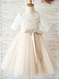 Robe fille de fleur champagne col rond manche courte en dentelle décoré de noeud jupe en tulle bouton sur dos robe cortège enfant