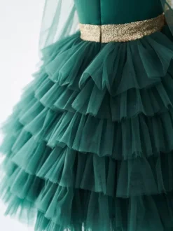 Robe fille de fleur verte en tulle col v manche longue transparente zip sur dos décoré de noeud Robe cortège enfant