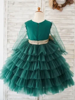 Robe fille de fleur verte en tulle col v manche longue transparente zip sur dos décoré de noeud Robe cortège enfant