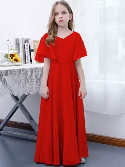 Robe Fille Fleur Mousseline Volants Col V Manches Courtes Rose Lotus