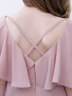 Robe Fille Fleur Mousseline Volants Col V Manches Courtes Rose Lotus