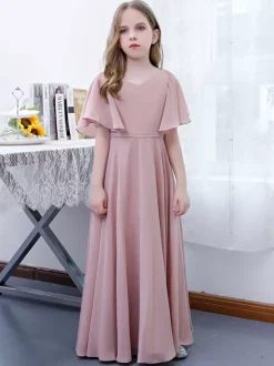 Robe Fille Fleur Mousseline Volants Col V Manches Courtes Rose Lotus