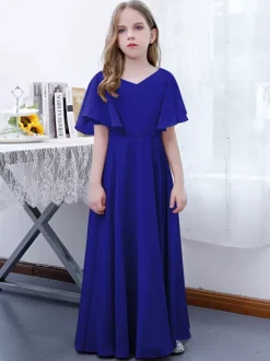 Robe Fille Fleur Mousseline Volants Col V Manches Courtes Rose Lotus