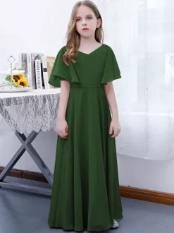Robe Fille Fleur Mousseline Volants Col V Manches Courtes Rose Lotus