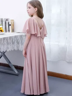 Robe Fille Fleur Mousseline Volants Col V Manches Courtes Rose Lotus