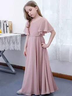 Robe Fille Fleur Mousseline Volants Col V Manches Courtes Rose Lotus