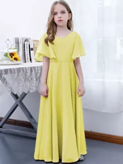 Robe Fille Fleur Mousseline Volants Col V Manches Courtes Rose Lotus
