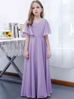 Robe Fille Fleur Mousseline Volants Col V Manches Courtes Rose Lotus