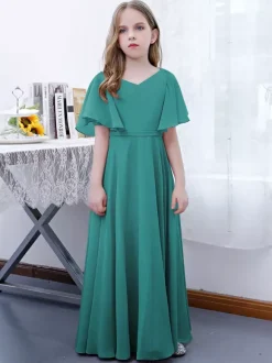 Robe Fille Fleur Mousseline Volants Col V Manches Courtes Rose Lotus