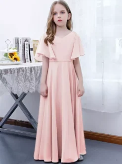 Robe Fille Fleur Mousseline Volants Col V Manches Courtes Rose Lotus