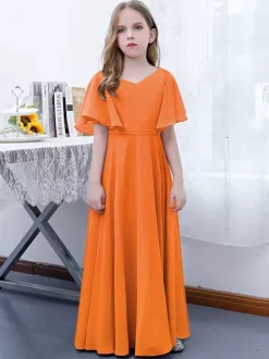 Robe Fille Fleur Mousseline Volants Col V Manches Courtes Rose Lotus
