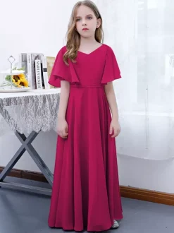 Robe Fille Fleur Mousseline Volants Col V Manches Courtes Rose Lotus