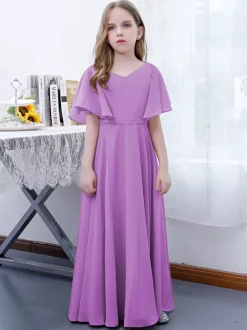 Robe Fille Fleur Mousseline Volants Col V Manches Courtes Rose Lotus