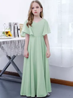 Robe Fille Fleur Mousseline Volants Col V Manches Courtes Rose Lotus