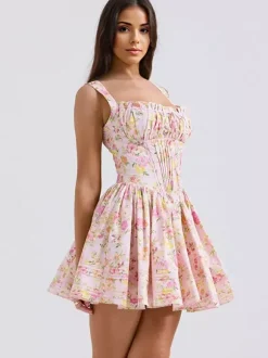 Robe Fleurie Courte Plissée Cintrée À Lacets Bretelles Élégant Automne